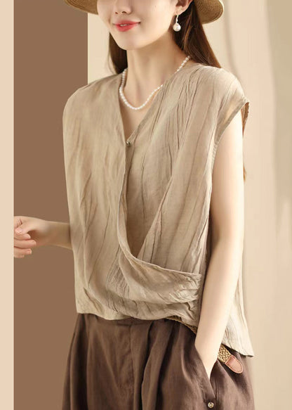 Wrinkled Neck Art Ärmelloses V Khaki T-Shirt Baumwolle