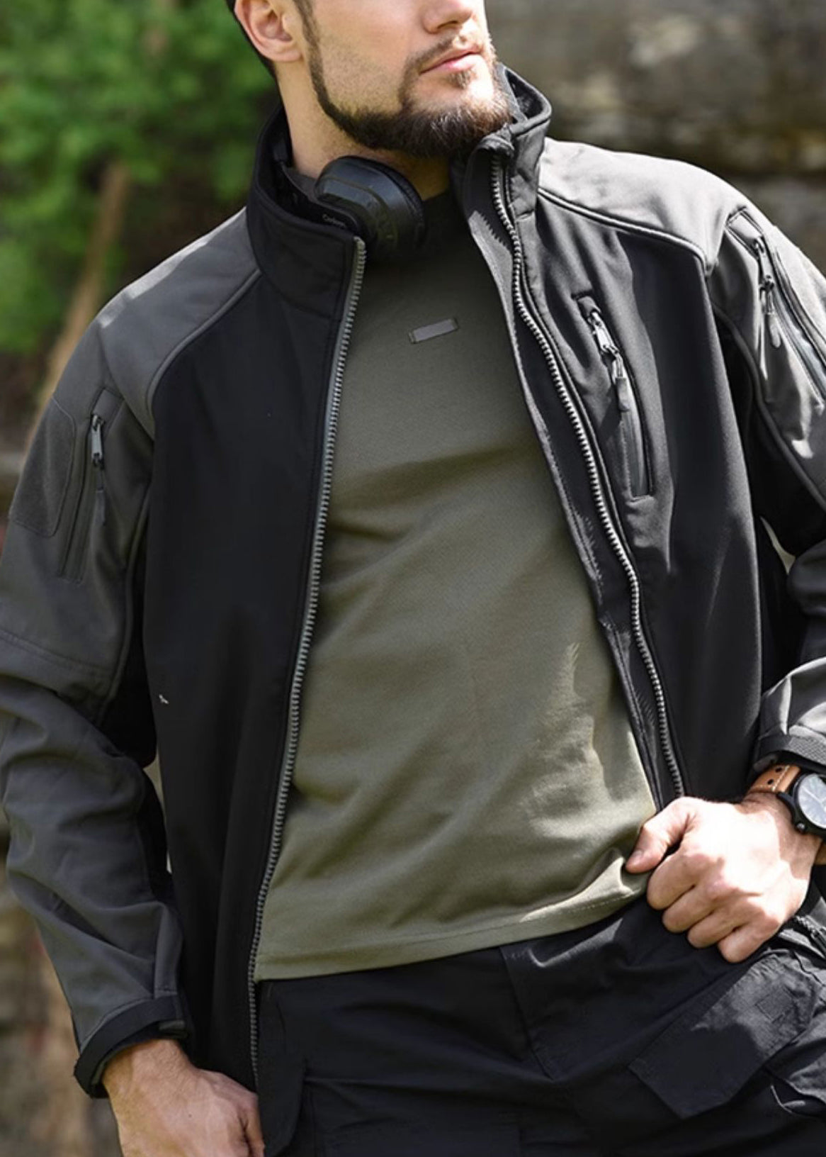 Manteau polaire kaki printemps pour homme, fermeture éclair, poches patchwork chaudes