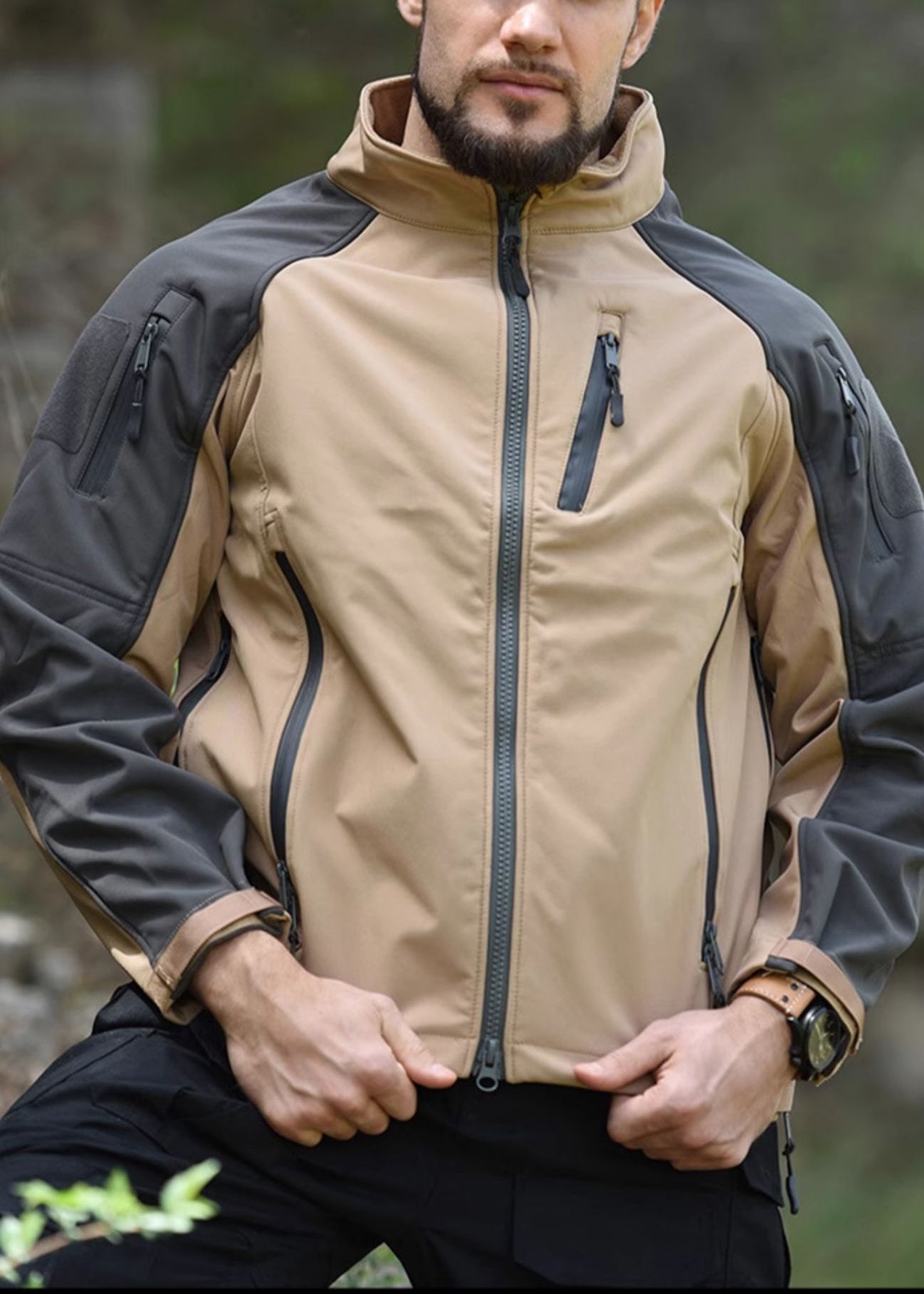 Manteau polaire kaki printemps pour homme, fermeture éclair, poches patchwork chaudes