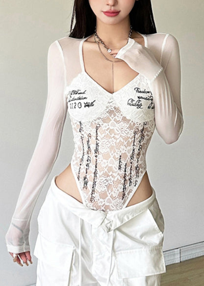 Bodysuit Spitze Grafik Patchwork O-Ausschnitt Kunst Schwarz Tüll