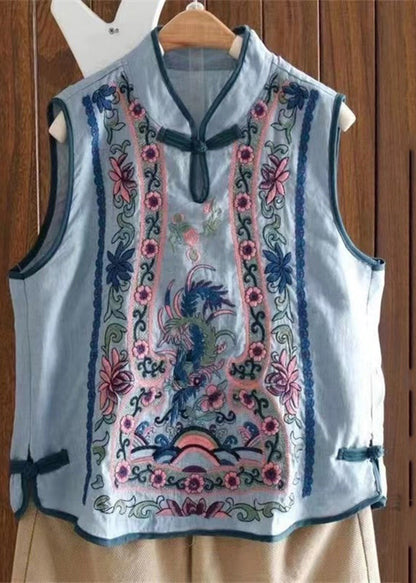 Gilet brodé à fleurs bleu clair à col montant Art Summer VB1073