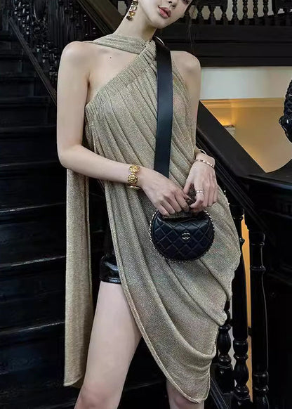 Light Shoulder One Asymmetrical Art Silk Top Green Wrinkled