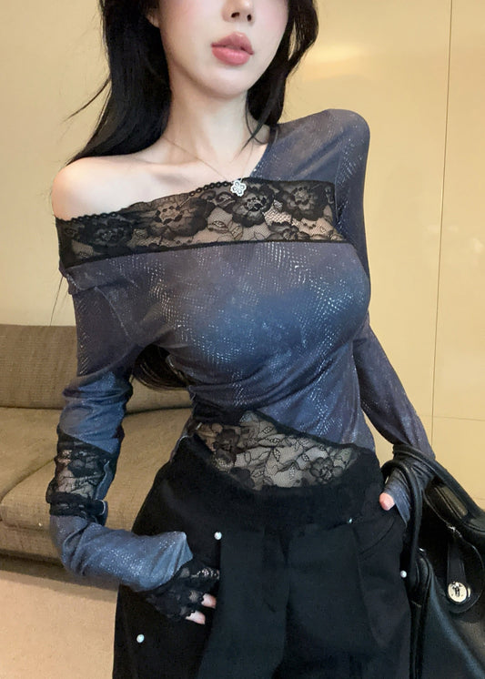 Art Navy Asymmetrisches Patchwork Cold Shoulder Top Frühling YP013