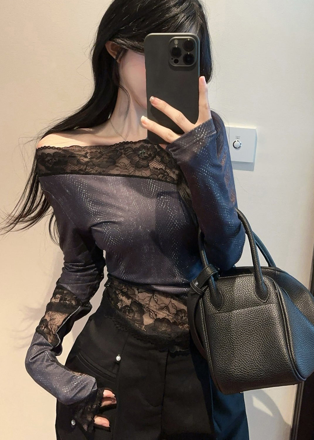 Art Navy Asymmetrisches Patchwork Cold Shoulder Top Frühling YP013