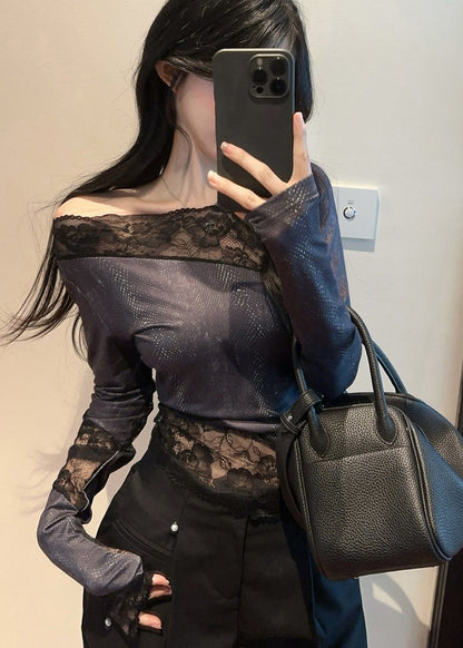 Art Navy Asymmetrisches Patchwork Cold Shoulder Top Frühling YP013