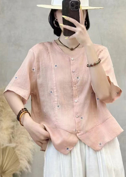 Embroidered Patchwork Summer Shirt Top Navy Linen Art