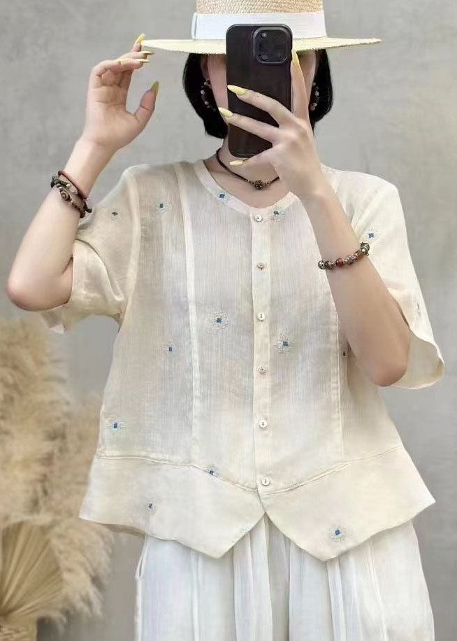 Embroidered Patchwork Summer Shirt Top Navy Linen Art