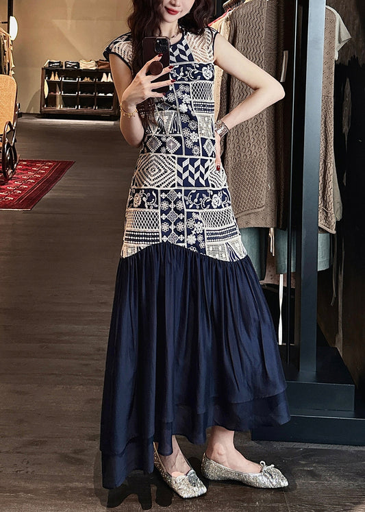 Dress Long Neck O Wrinkled Navy Patchwork Out Cotton Art Hollow
