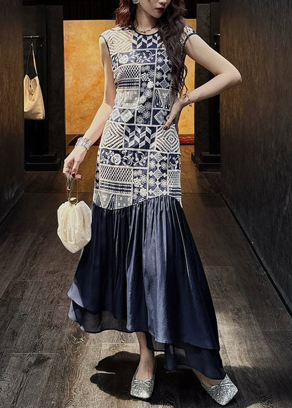 Dress Long Neck O Wrinkled Navy Patchwork Out Cotton Art Hollow