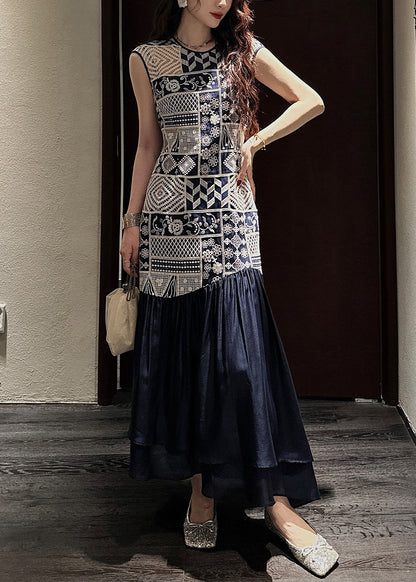Dress Long Neck O Wrinkled Navy Patchwork Out Cotton Art Hollow
