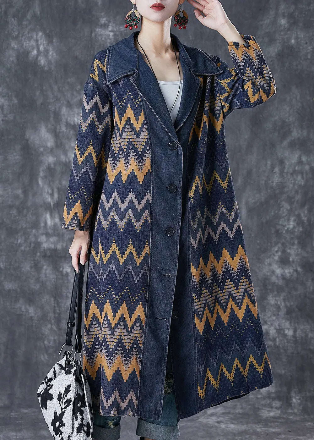 Art Navy Oversized Print Denim Coat Outwear Fall Ada Fashion