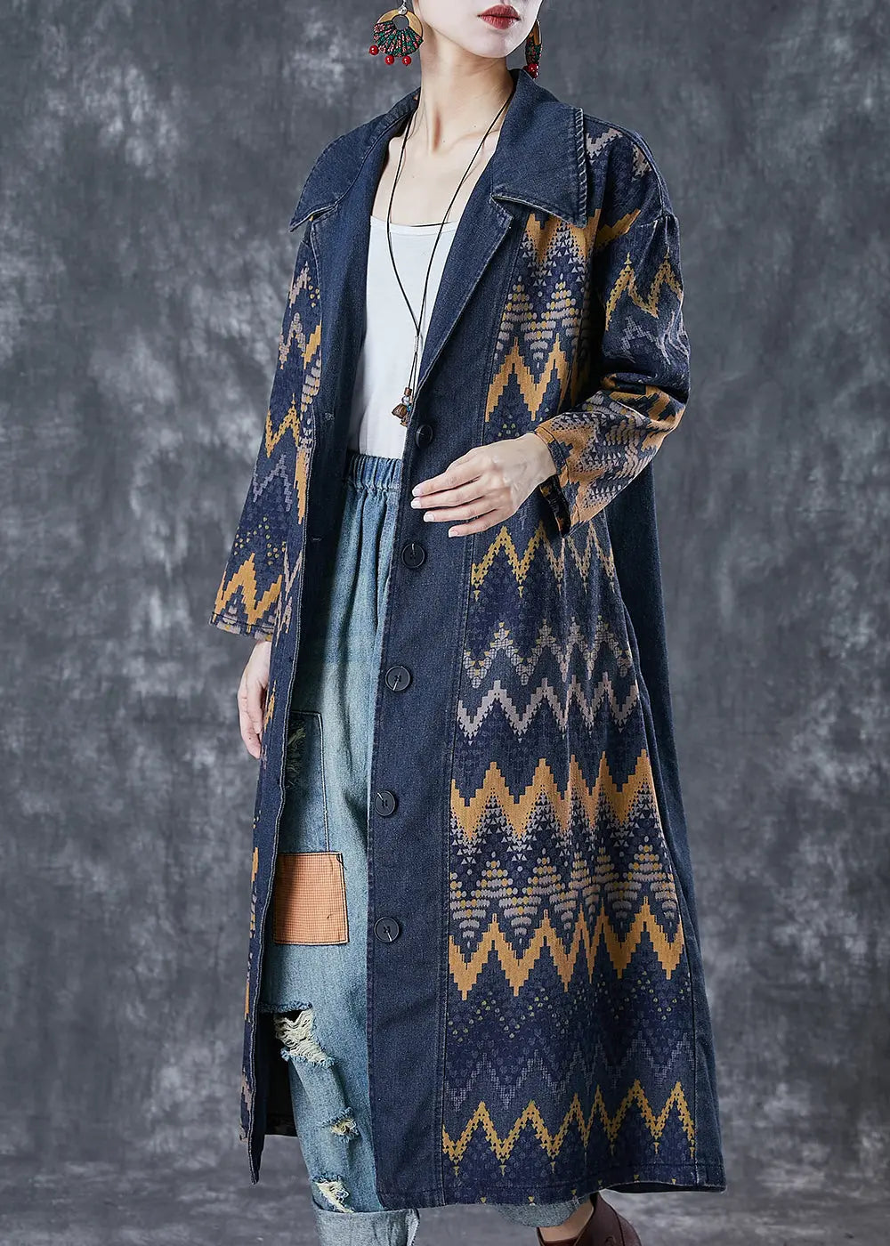 Art Navy Oversized Print Denim Coat Outwear Fall Ada Fashion