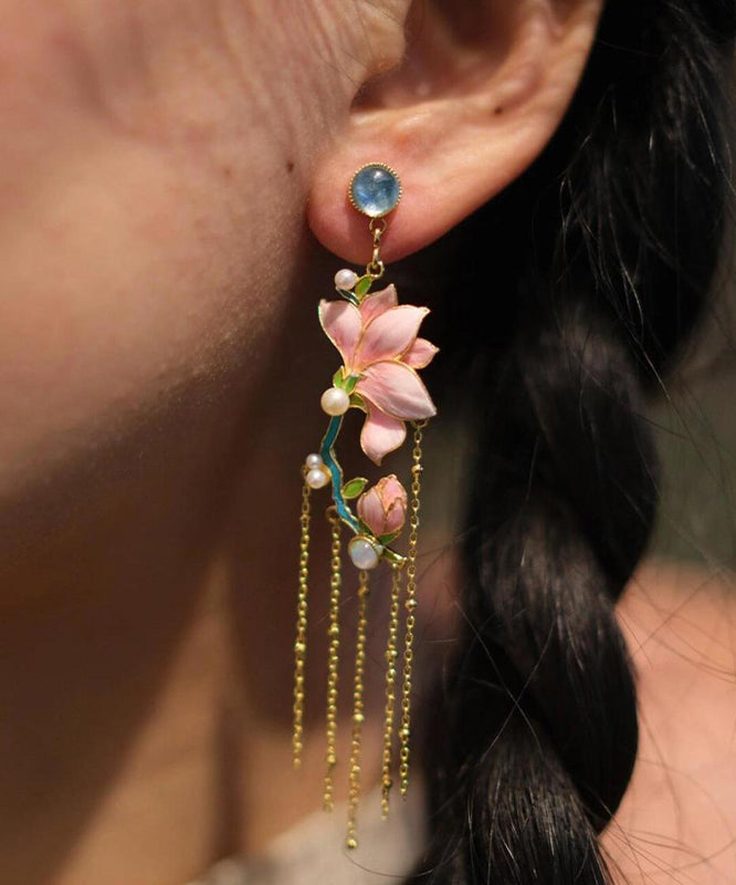 Art Pink Copper Overgild Enamel Jade Orchid Tassel Drop Earrings WQ009