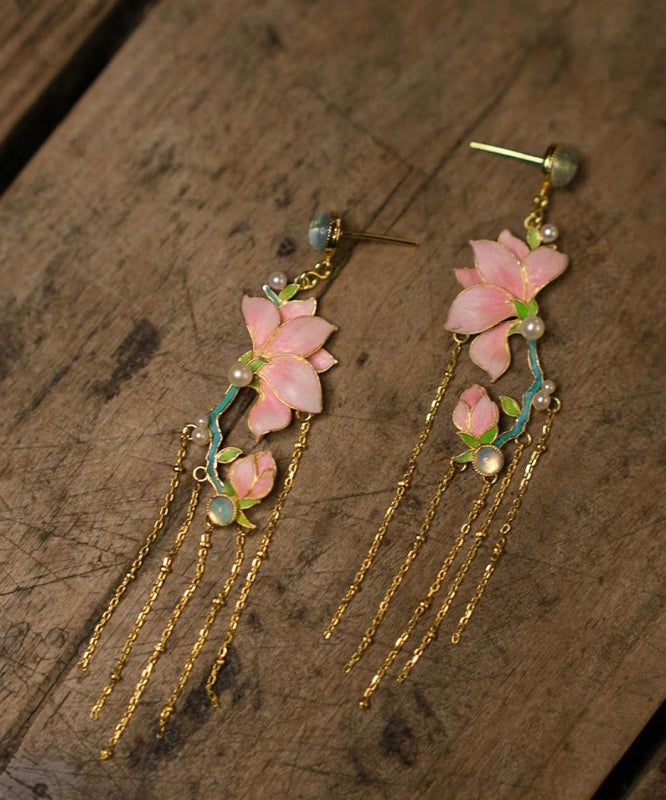 Art Pink Copper Overgild Enamel Jade Orchid Tassel Drop Earrings WQ009