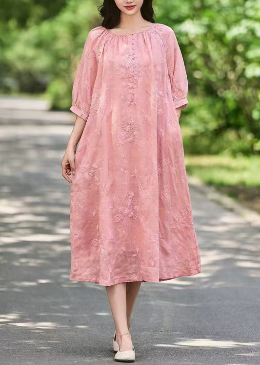 Rosa Kunst Ärmel lange Leinen Kleid Knopf Halbtaschen bestickt
