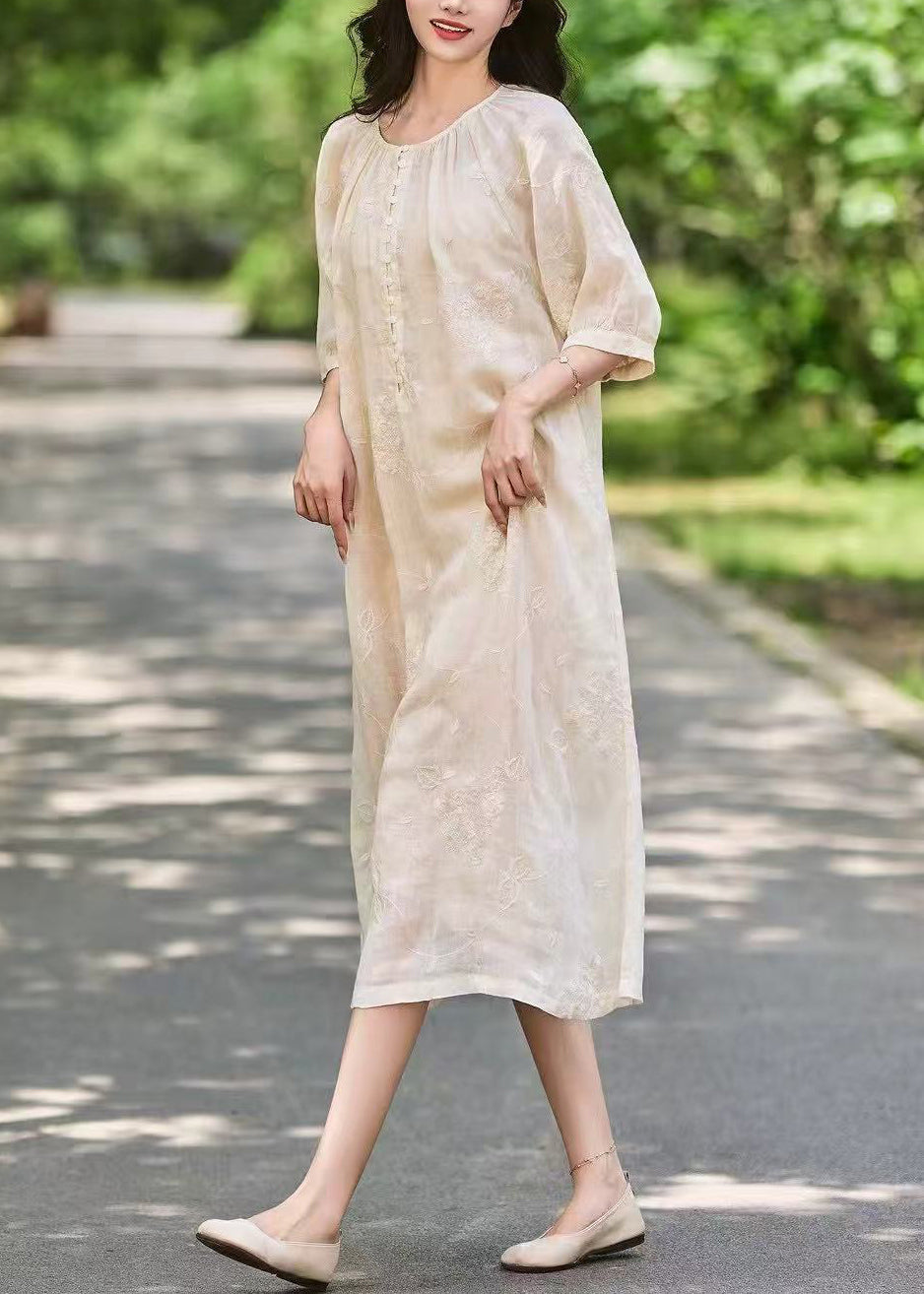 Rosa Kunst Ärmel lange Leinen Kleid Knopf Halbtaschen bestickt