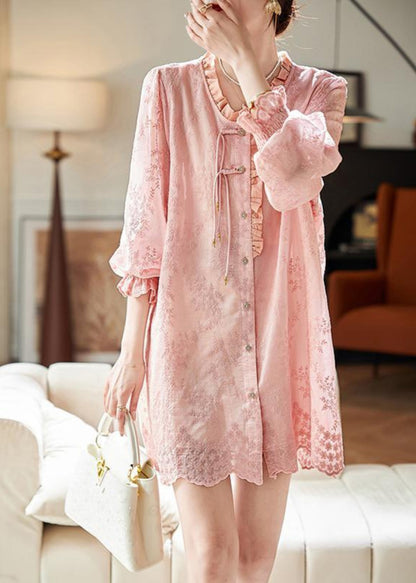 Robe chemise à volants brodée rose Art Automne AC1005