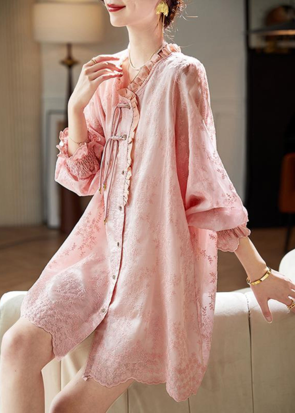 Art Pink Embroidered Ruffled Shirts Dress Fall AC1005