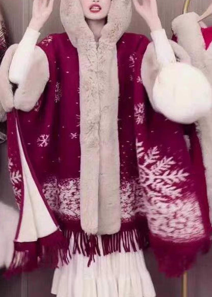 Art Pink Kapuzenpelzkragen Warm Fleece Cape Mäntel Fledermausärmel RC020