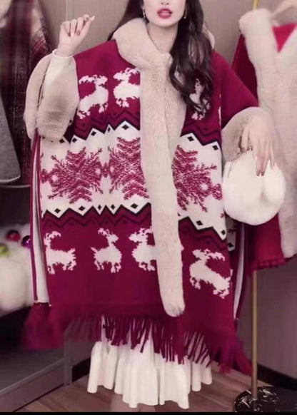 Art Pink Kapuzenpelzkragen Warm Fleece Cape Mäntel Fledermausärmel RC020