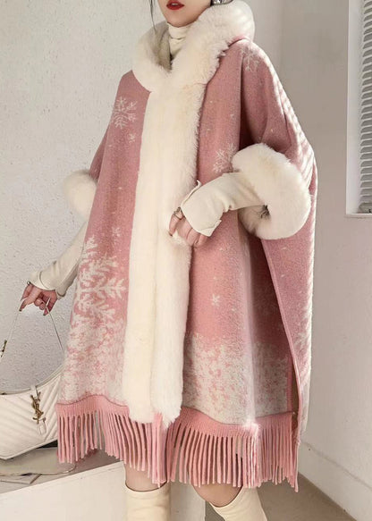Art Pink Kapuzenpelzkragen Warm Fleece Cape Mäntel Fledermausärmel RC020