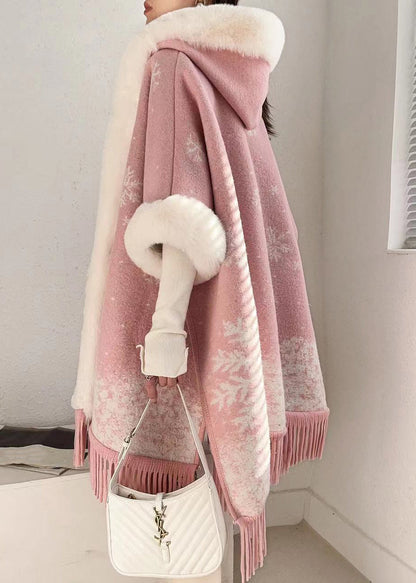 Art Pink Kapuzenpelzkragen Warm Fleece Cape Mäntel Fledermausärmel RC020