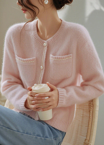 Art Pink O-Ausschnitt Knopf Taschen Strickjacke Frühling TF018