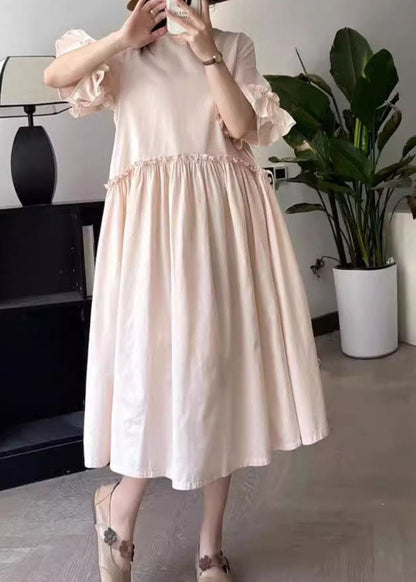 Robe longue froissée à col rond rose Art Été BV031