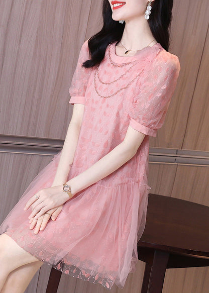 Rüschen Kurze Party Patchwork Ärmel Rosa Kleid Tüll Mid Art