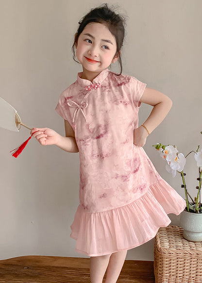 Robe longue à manches courtes et col montant pour enfant en patchwork rose MN021