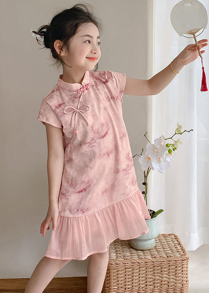 Robe longue à manches courtes et col montant pour enfant en patchwork rose MN021