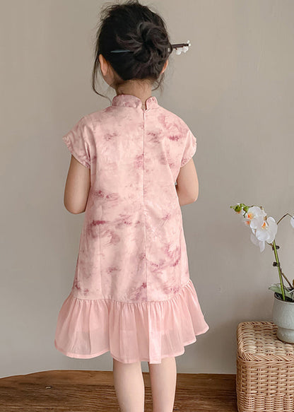 Robe longue à manches courtes et col montant pour enfant en patchwork rose MN021