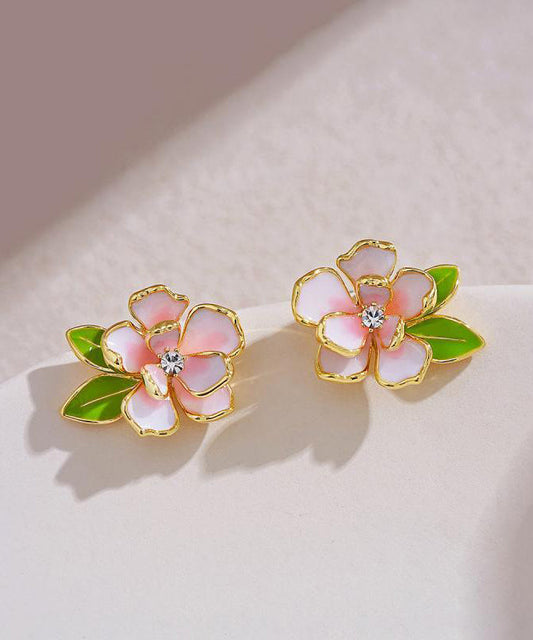 Art Pink Sterling Silver Overgild Zircon Enamel Camellia Flower Stud Earrings WP004