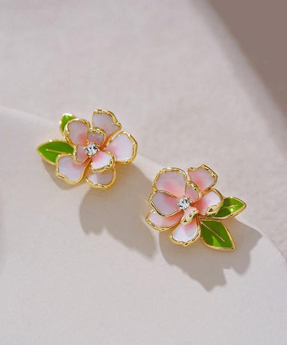 Boucles d'oreilles à tige en argent sterling rose avec émail et zircons surdorés et fleur de camélia WP004