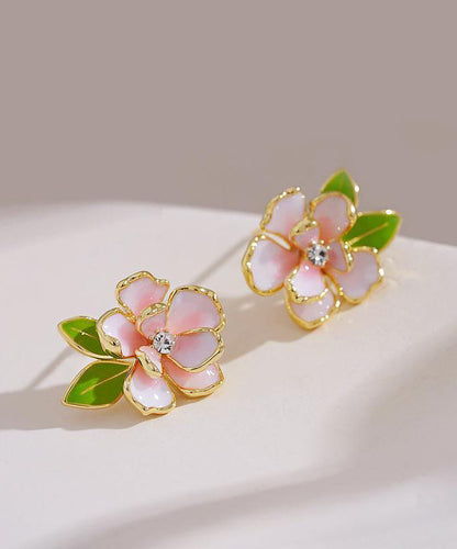 Boucles d'oreilles à tige en argent sterling rose avec émail et zircons surdorés et fleur de camélia WP004