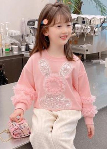 Sweat-shirt à paillettes en tulle rose pour enfants, patchwork, petit lapin, automne QV050