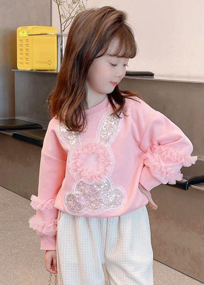 Sweat-shirt à paillettes en tulle rose pour enfants, patchwork, petit lapin, automne QV050