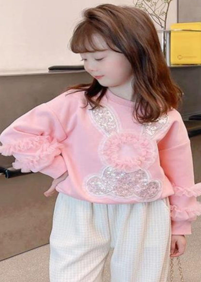 Sweat-shirt à paillettes en tulle rose pour enfants, patchwork, petit lapin, automne QV050