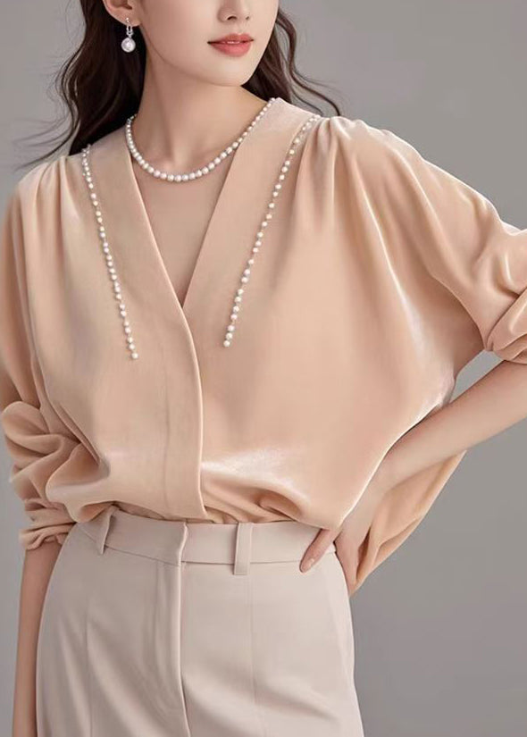 Seidenhemd Rosa Perlenvelours Art Neck Spring V