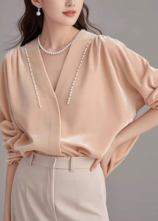 Seidenhemd Rosa Perlenvelours Art Neck Spring V