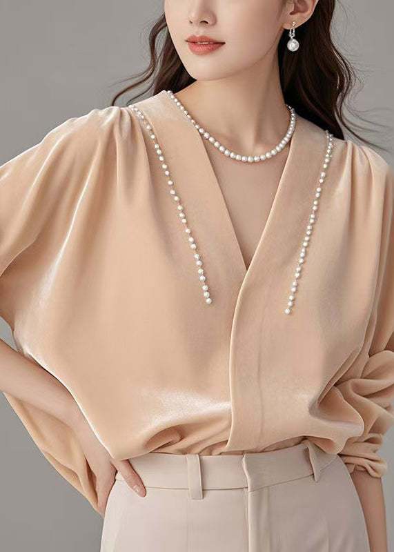 Seidenhemd Rosa Perlenvelours Art Neck Spring V