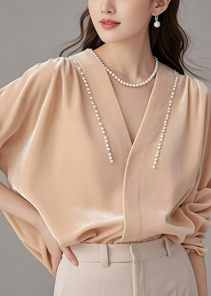 Seidenhemd Rosa Perlenvelours Art Neck Spring V