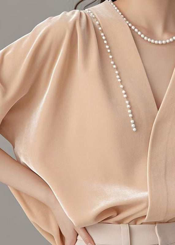 Seidenhemd Rosa Perlenvelours Art Neck Spring V