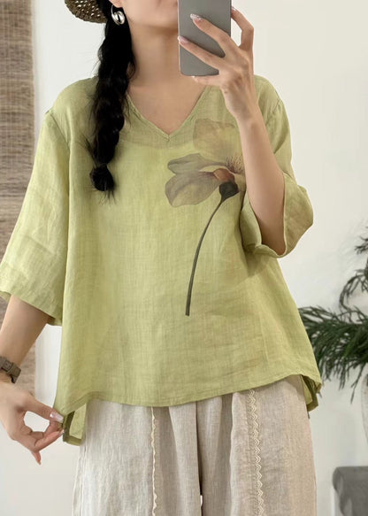 Chemise rose à manches et col V, imprimé artistique, demi-lin, ouverte sur le côté