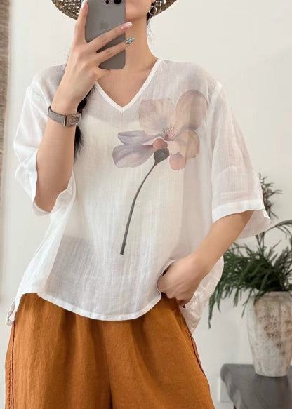 Chemise rose à manches et col V, imprimé artistique, demi-lin, ouverte sur le côté