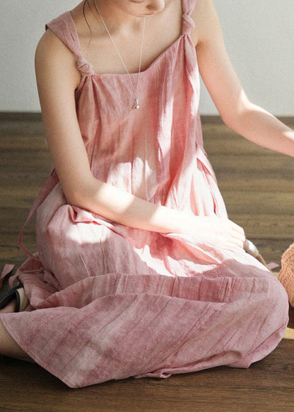 Art On Pink Sides Linen Waist Both Tie Wear Dress Spaghetti Strap