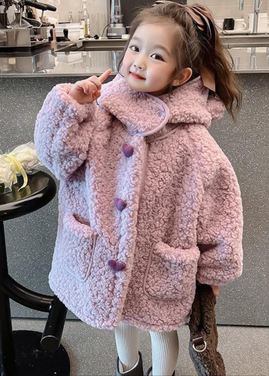 Manteau long à capuche en fausse fourrure pour fille avec poches en patchwork violet Art WL033