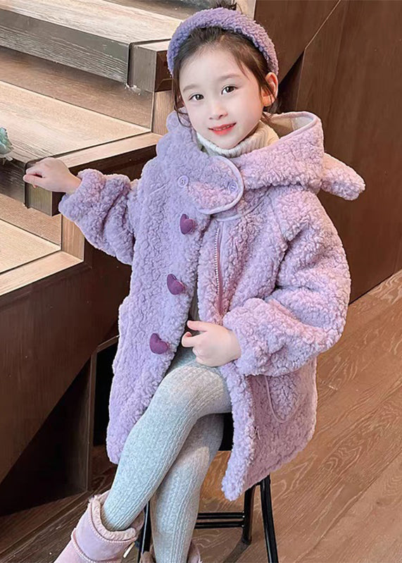 Manteau long à capuche en fausse fourrure pour fille avec poches en patchwork violet Art WL033