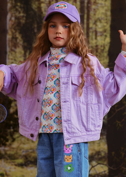 Manteau pour enfants en patchwork à col Peter Pan violet Art Automne QV052