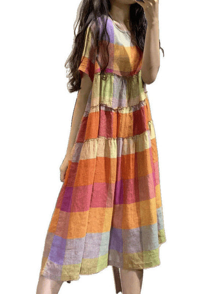Summer Art Regenbogen-Leinenkleid mit Rüschen
